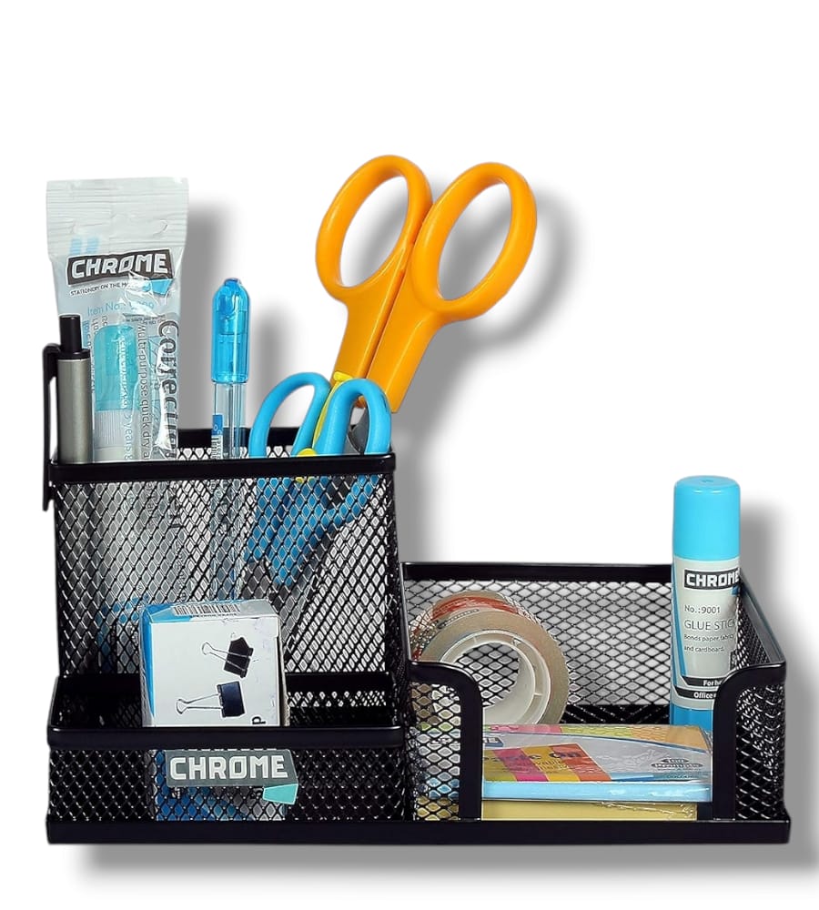 Chrome 3 Compartment Metal Mesh Desk Organizer - Rectangular, Black